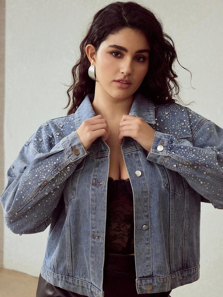 PLUS SIZE EMBELLISHED RHINESTONE FASHIONABLE DENIM JACKET