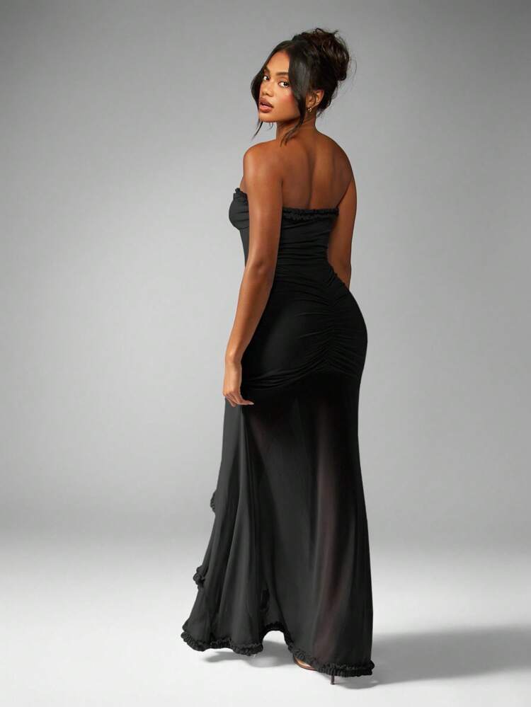 MISSGUIDED Elegante vestido de noche largo con escote corazón, diseño de bandeau, pliegues y abertura alta con volantes para ocasiones especiales, fiestas y bodas