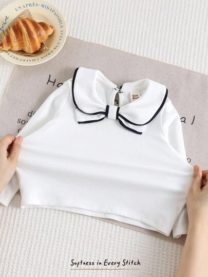 Cozy Pixies 女宝宝返校校园风格百搭可爱撞色蝴蝶结领长袖上衣，适合春秋季