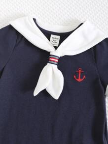 Newborn Baby Boy/Girl Casual Everyday Interesting Campus Sailor Collar Bodysuit, Short Sleeve, Suitable For Spring & Summer - Blue - View 3
