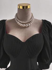 Franclia Plus Size Elegant Solid Color Waist Cinched Dress, Summer - Black - View 3