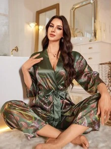 LuxeNights New Women's Faux Silk Printed Long Pants & 3/4 Sleeve Kimono Cardigan Pajama Set - Multicolor - View 4