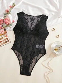 SHEIN 蕾丝深V紧身衣（无钢圈），外出 - 黑色 - 查看 6