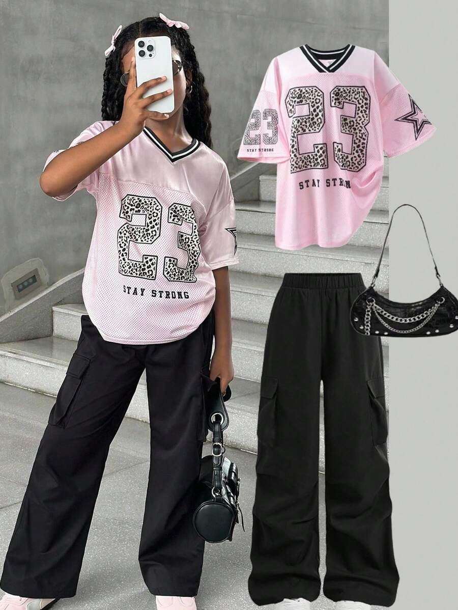 SHEIN Lässiges Street-Fashion-Sweatshirt für Tween-Mädchen mit Leopardenmuster und Buchstabenmuster und passendem, lässigem Hosenset, passende Outfits für Mama und mich (2 Teile separat erhältlich)