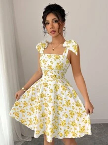 Selianne 新款碎花肩带收腰 A 字裙，修身廓形，优雅休闲度假裙 - 黃色 - 查看 3