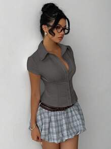 Aloruh Women's Elegant Solid Color Short Sleeve Pleated Waist Shirt, Versatile For Commuting, Daily Wear, Office, Spring/Summer - Dark Grey - View 3