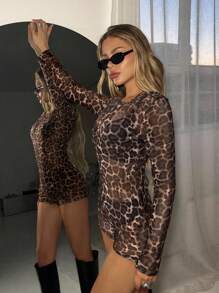 SHEIN ICON Bộ đồ liền thân lưới họa tiết da báo cổ điển gợi cảm, bộ đồ liền thân bó sát tay dài cho nữ - Nhiều màu - Xem 3