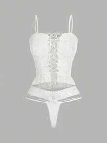 SHEIN 2pcs/Set Women's Tie-Up Design Ruffle Trim Hollow Out Sexy Mesh Top & Thong, Going Out - White - View 7