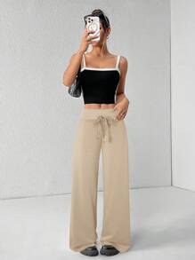 SHEIN PETITE Quần nỉ ống rộng lưng thấp dệt kim trơn thoải mái và giản dị dành cho nữ - Màu Khaki - Xem 4