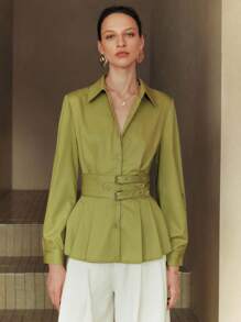 Arave 女士梭织棉质莫代尔纯色绿色衬衫领长袖半开腰系带优雅休闲办公室衬衫，春秋 - 綠色 - 查看 7
