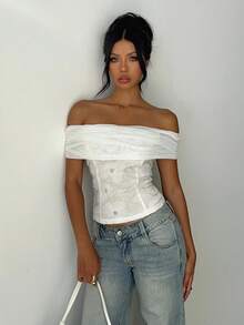 Aloruh Áo cánh trễ vai màu trắng xếp ly thêu thời trang nữ - trắng - Xem 6