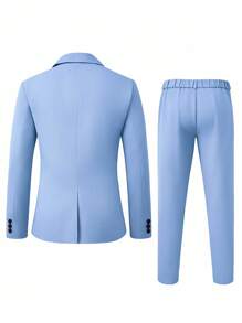 Manfinity Mode Men's Solid Color Jacket And Pants Suit Baby Blue Formal Suit For Men With Lapel Blazer And Tailored Pants Men's Regular Fit Baby Blue Suit With Long Sleeve Blazer And Classic Design Baby Blue Men's Suit For Business Meetings With Plain Fabric And Zipper Details Men Light Blue Suit Light Blue Two Pieces Suit, Old Money Style - Baby Blue - View 2