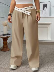 Plus Size Women Contrast Color Pleated Wide Leg Loose Casual Beach Pants - Ginger - View 4