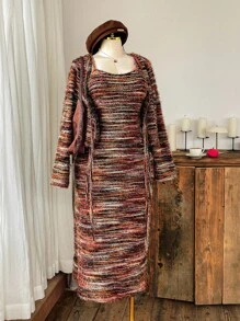 SHEIN EZwear Vintage Boho Style Colorful Striped Knit Spaghetti Strap Maxi Dress And Tie-Up Cardigan Set, Plus Size - Multicolor - View 5