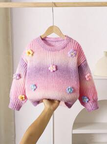 SHEIN Playful Pals Young Girl' Handmade Gradient Knitted Flower Sweater, Cute Casual Round Neck Lantern Sleeve Pullover Girls Knit Sweater Kids Sweaters For Girls Flower Sweater Girl Girls Jumper Ombre Sweater Kids Fall Winter - Multicolor - View 1