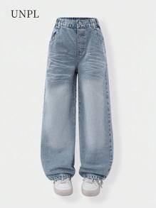 SHEIN Explorewe Tween Girls Y2K Style Distressed Washed Wide Leg Jeans, Comfortable & Versatile For Daily Wear - Light Wash - View 1