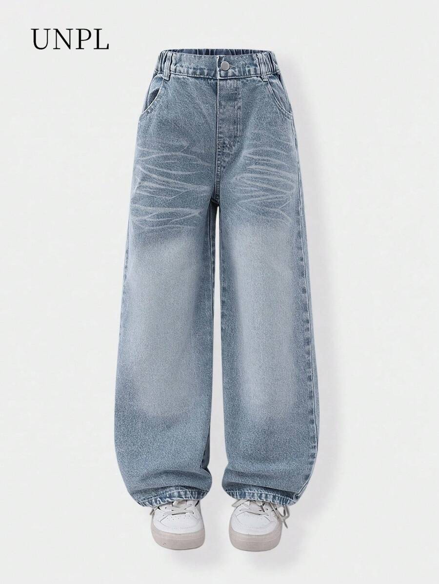 SHEIN Explorewe Tween Girls Y2K Style Distressed Washed Wide Leg Jeans, Comfortable & Versatile For Daily Wear - Light Wash - View 1