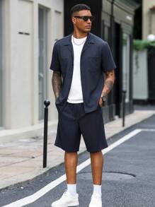 Manfinity Homme Men's Solid Color Lapel NeckShort Sleeve Shirt And Shorts Casual Suit - Apricot - View 6