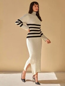 CLARA VERO Abito maglia dolcevita casual a righe nere e beige, morbido e confortevole - Bianco e nero - Visualizzare 4