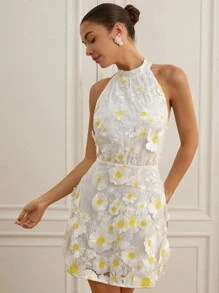 GENKIRA New Fashionable Minimalist Elegant Sexy Women's Chiffon Embroidered Backless Waist Slimming A-Line Short Dress - White - View 3