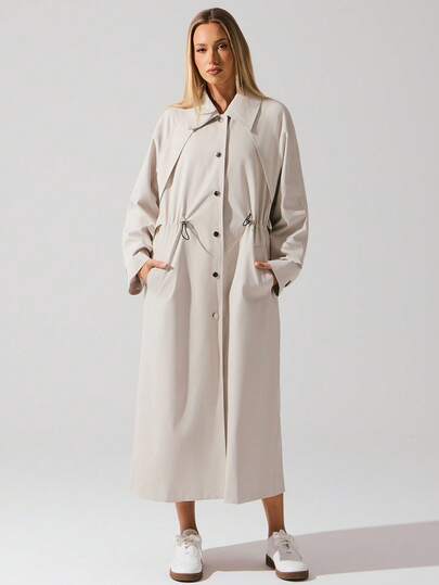 Menodora SHEIN Sport 女式宽松抽绳腰部超大长款风衣，秋冬轻便户外风衣