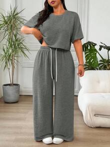 Solflare 2 pièces/set Femmes grande taille Top décontracté à manches courtes et épaules tombantes & Pantalon, Gris foncé - Gris foncé - Voir 1