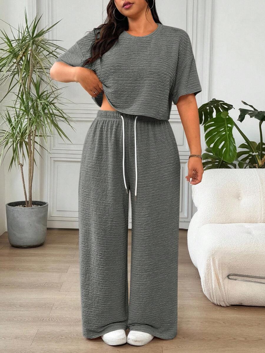 Solflare 2 pièces/set Femmes grande taille Top décontracté à manches courtes et épaules tombantes & Pantalon, Gris foncé - Gris foncé - Voir 1