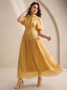 Anewsta 女士长裙，夏季款式，荷叶边设计，优雅百搭，适合节日和假日穿着 - 黃色 - 查看 3