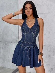 SHEIN Unity Women's Casual Street Chic Waist Cinched Flowy Hem Bustier Denim Dress, Summer Y2k - Medium Wash - View 3