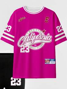 SHEIN 女士休闲时尚创意图标形状字母数字 23 印花宽松 T 恤和骑行短裤套装 - 彩色 - 查看 6