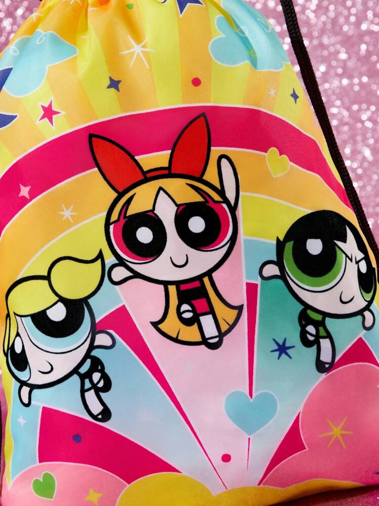 THE POWERPUFF GIRLS X SHEIN 1 pieza Mochila con cordón estampada con flor, burbujas y Buttercup de dibujos animados, bolsa de gimnasio, mochila, bolso casual, bolso de viaje, bolso de playa deportivo, adecuado para hombres y mujeres, 2 tamaños - Multicolor - Añade 8