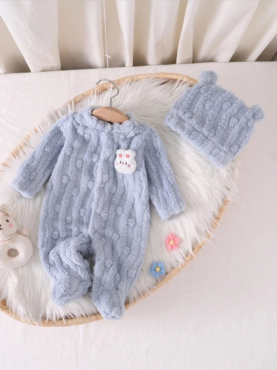 SHEIN 2pcs Newborn Apricot Plush Bubble Fleece 3D Rabbit Long Sleeve Jumpsuit With Hood, Romper Set  Baby Romper Newborn Baby Clothes Winter Baby Teddy Bear Outfit Baby Fuzzy Outfit Newborn Pajama Set Fall - Baby Blue - View 1