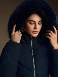 Anewsta 女式中长款束腰连帽夹克，配有可拆卸毛领和拉链夹棉外套