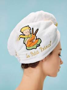 LE PETIT PRINCE X SHEIN 1pc Embroidery Pattern Microfiber Hair Drying Towel Cap, Star Print, Soft Polyester, Super Absorbent Material, Suitable For All Hair Types - White - View 2