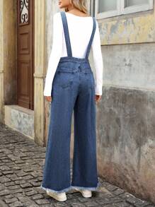 EMERY ROSE 女式宽松休闲日常穿搭磨边牛仔背带裤 - 藍色 - 查看 3