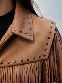 Maija 女士绒面短款开衫，带领，长袖，秋冬季款，饰有荷叶边口袋、流苏细节和撞色铆钉 - 棕色 - 查看 6