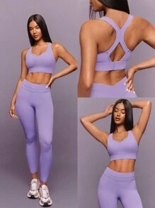 GLOWMODE FeatherFit™-Sculpt V 领工字背心运动文胸背心，中等支撑，健身 - 紫丁香色 - 查看 8