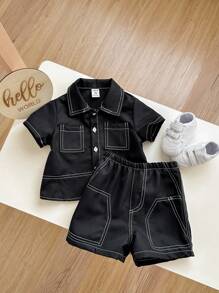 2 件套男婴/女婴休闲校园时尚超大上衣/衬衫搭配松紧腰短裤套装，适合春夏季室内外穿着 - 黑色 - 查看 7