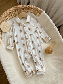Newborn Baby Boy Cute Bear Pattern Lapel Button Pocket Long Sleeve Jumpsuit Soft Loungewear