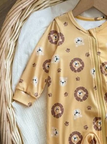 Newborn Baby Boy Cute Cartoon Lion Graphic Round Neck Long Sleeve Zipper Front Soft & Breathable Romper - Yellow - View 4