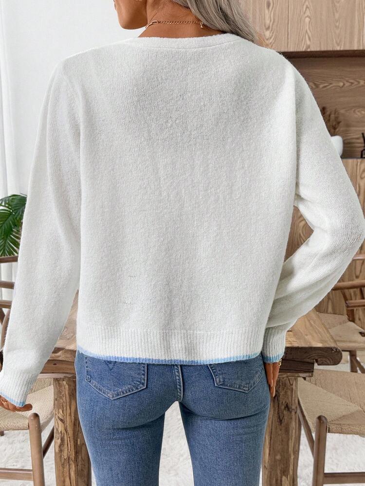 Women's Autumn Elegant Light Blue And White Lace Bow Cardigan,French Simple Versatile Knitted Pullover Top For Brunch,Tie Front Sweater