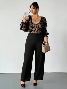 Firerie 加大码舒适休闲优雅度假百搭灯笼抽绳长袖连体裤，网眼，植绒拼接，带骨胸罩杯，紧身弹力，适合女式，春夏季 - 黑色 - 查看 4