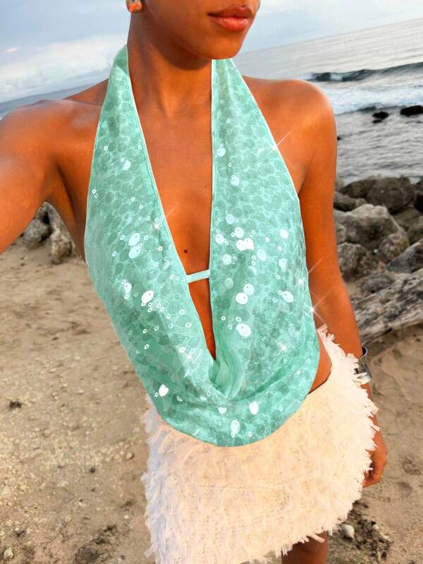 Opulessa Women's Green Halter Top With Asymmetrical Hem And Ring Detail Sequin Top Mint Green Top Scarf Top Mermaid Top Fall Outfits Party Women Winter Clothes For Women