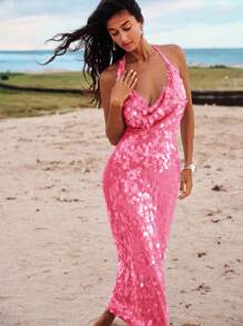 Opulessa 情人节优雅派对礼服纯色闪亮挂脖低胸长裙，适合度假、音乐节、派对、约会等场合