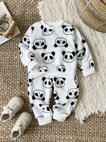 SHEIN 男婴幼儿新生儿0-3岁秋冬毛绒法兰绒可爱熊猫家居服和外套卫衣套装 - 黑與白 - 查看 1