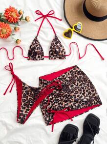 Soleia Plus Size Women's Reversible Leopard Print & Red Color Matching Bikini 3 PiecesBikini Set Set For Summer Beach Vacation Cheetah Print - Multicolor - View 7