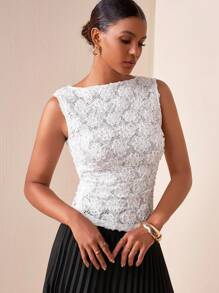 Zivah 2025年夏季新款性感白色蕾丝花卉3D提花修身短款背心，适合复活节、音乐节、日常穿着、派对、圣诞节、情人节、约会、海滩、游轮、狂欢节 - 白色 - 查看 5