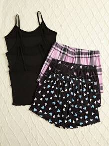 SHEIN 3件套字母和心形印花吊带背心和短裤睡衣套装
