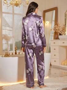 LuxeNights 优雅印花缎面紫色长袖上衣和裤子女士睡衣套装，秋冬舒适优雅睡衣套装，细节精致 - 淺灰紫 - 查看 2