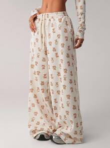 SHEIN ICON 女式宽松休闲熊印花运动裤 - 白色 - 查看 4